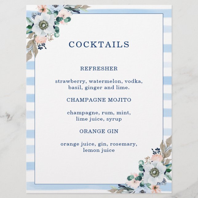Floral Ancre Beach Wedding Cocktail Menu (Devant)