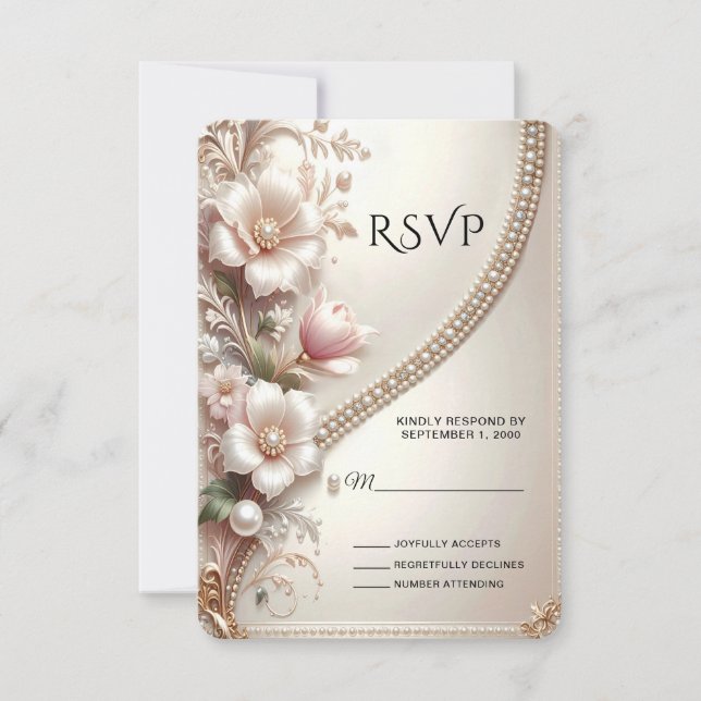 Floral and Pearl Embellishments RSVP Card (Devant)