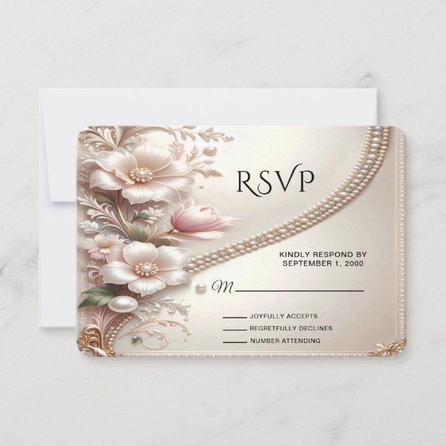 Floral and Pearl Embellishments RSVP Card (Devant)