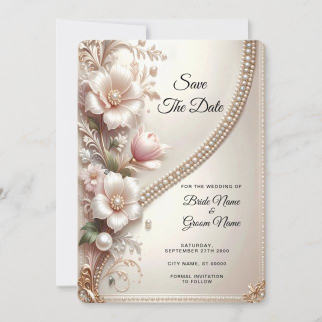Floral and Pearl Embellishments Save The Date (Devant)