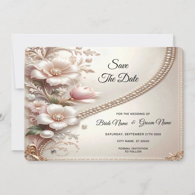 Floral and Pearl Embellishments Save The Date (Devant)