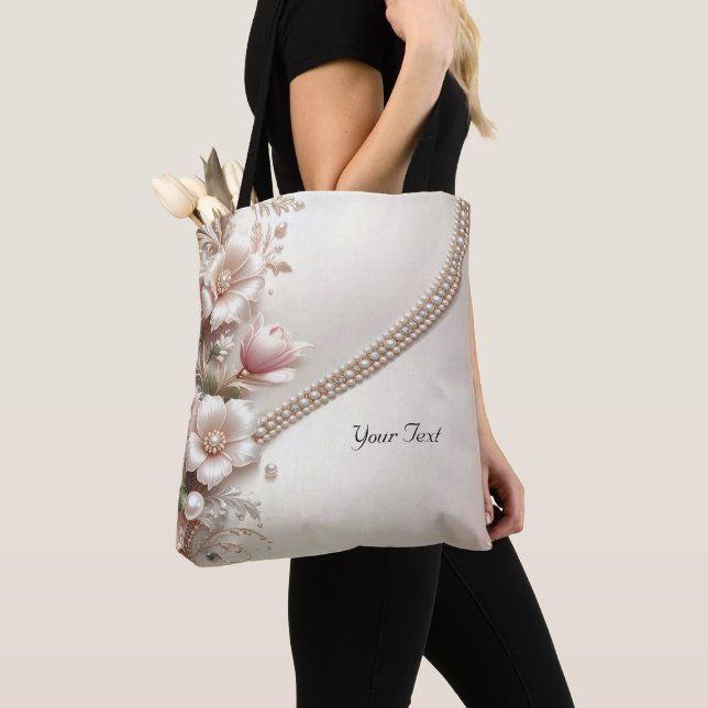 Floral and Pearl Embellishments Tote Bag (De près)