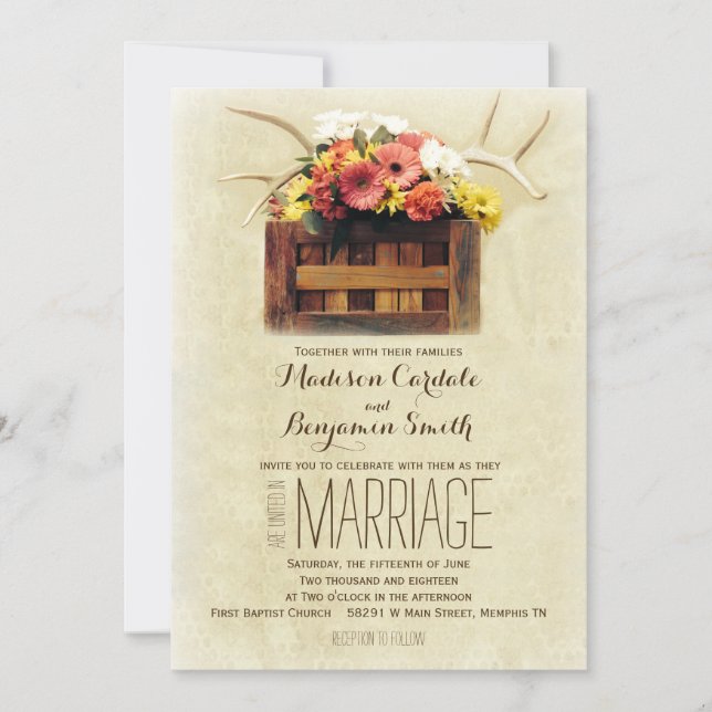 Floral Antlers Boho Invitations de mariage rustiqu (Devant)
