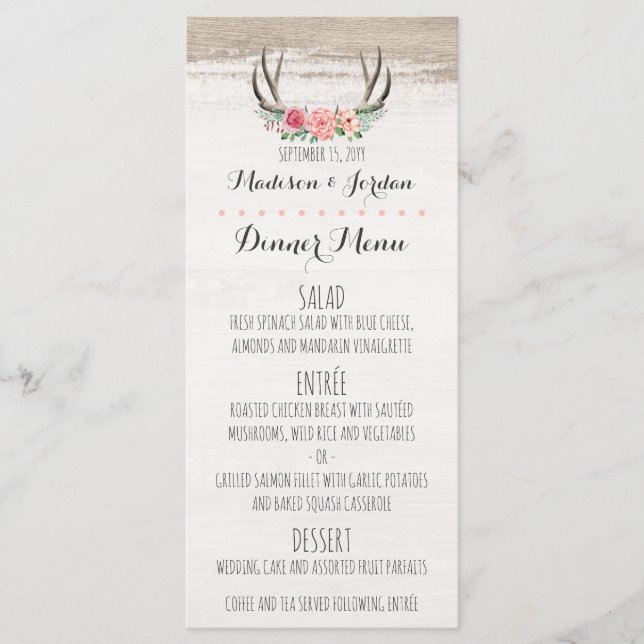Floral Antlers Rustique Mariage menu personnalisé (Devant)