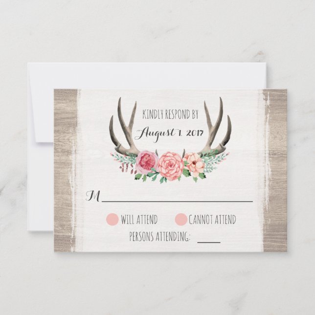Floral Antlers Rustique Mariage personnalisé RSVP (Devant)