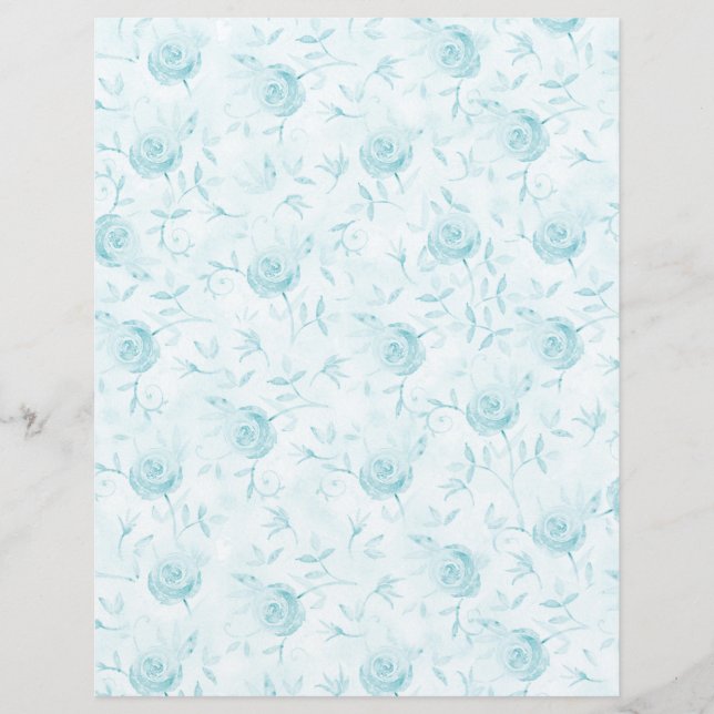 Floral Aqua bleu Rose Damask papier à papier à pap (Devant)