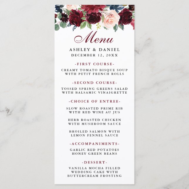 Floral Aquarelle Bourgogne Bleu Menu Mariage (Devant)