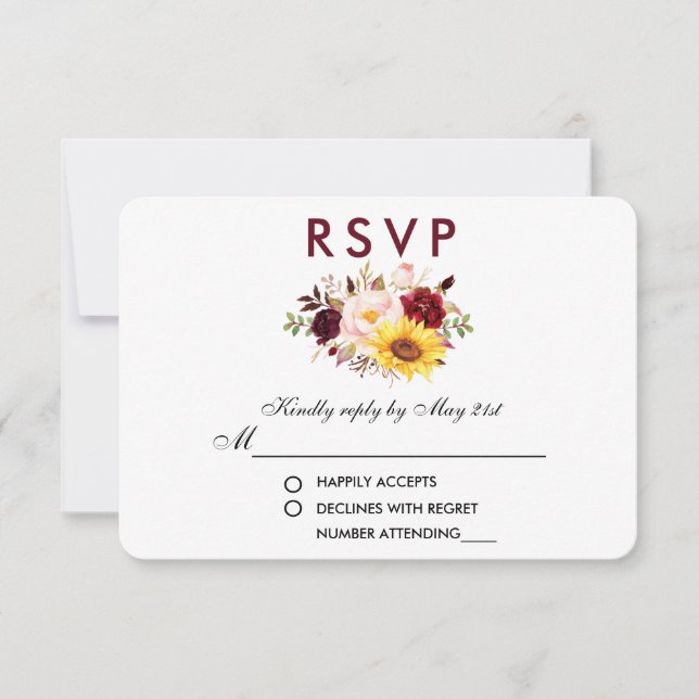 Floral Aquarelle Bourgogne Mariage RSVP (Devant)