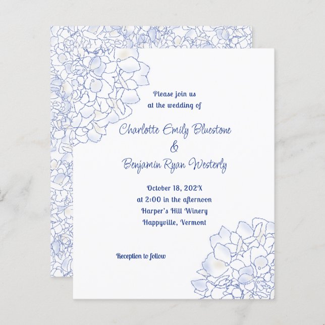 Floral Art Bleu Mariage Budget Invitations (Devant / Derrière)