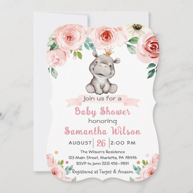 Floral Baby Hippo Princess Baby shower Invitation (Devant)