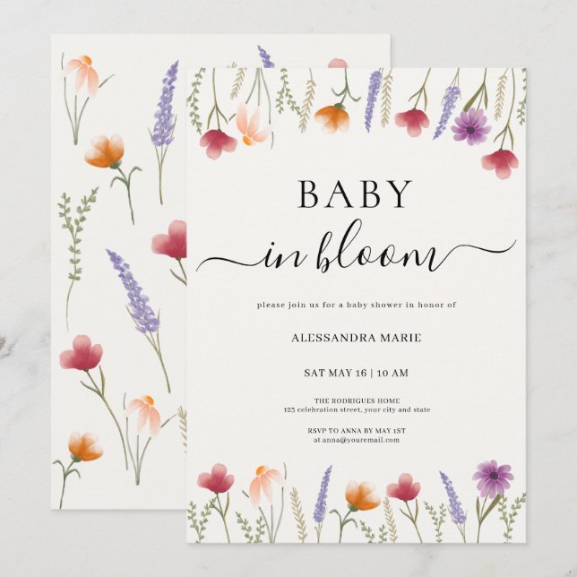 Floral Baby in Bloom Baby shower Invitation (Devant / Derrière)