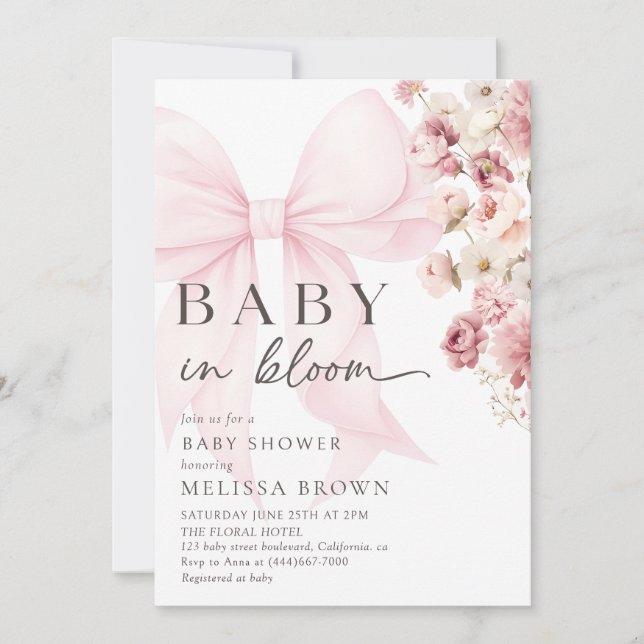 Floral Baby In Bloom Bow Baby shower Invitation (Devant)