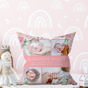 Floral Baby Stats Faire-part Coussin personnalisé