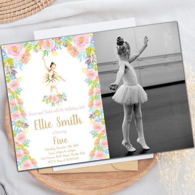 Floral Ballerina Invitation à l'anniversaire avec  (Floral Ballerina Birthday Invitations with photo)