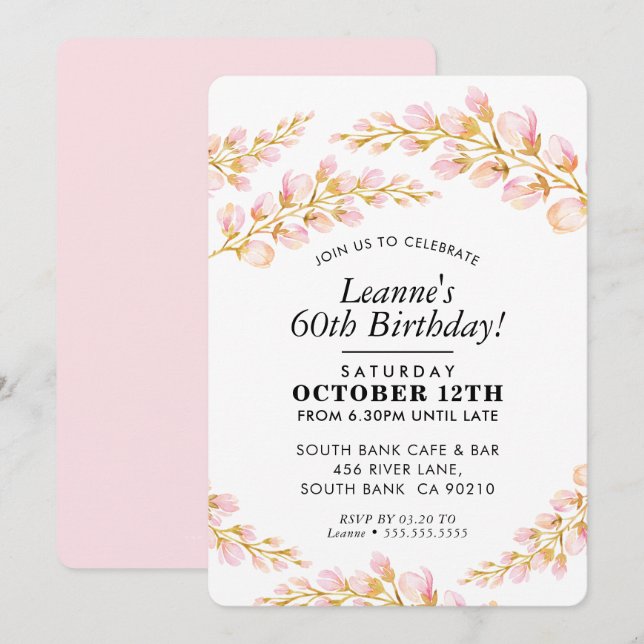 FLORAL BANTHDAY INVITATION élégant joli rose (Devant / Derrière)