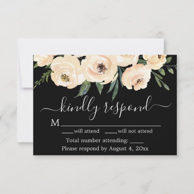Floral Beige Blush Rose Gold Black Carte RSVP (Devant)