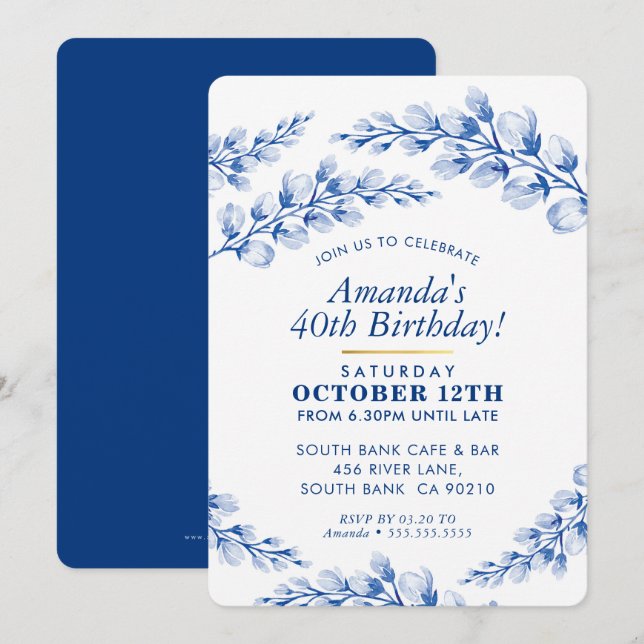 FLORAL BIRTHDAY INVITATION jolie porcelaine bleu (Devant / Derrière)