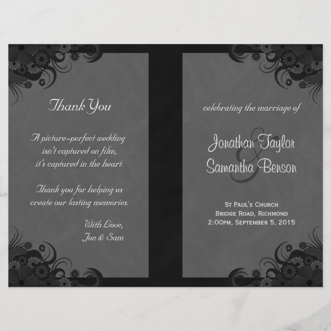 Floral Black and Grey Goth Folded Wedding Programm (Devant)