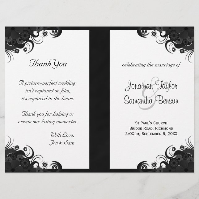 Floral Black and White Goth Folded Wedding Program (Devant)