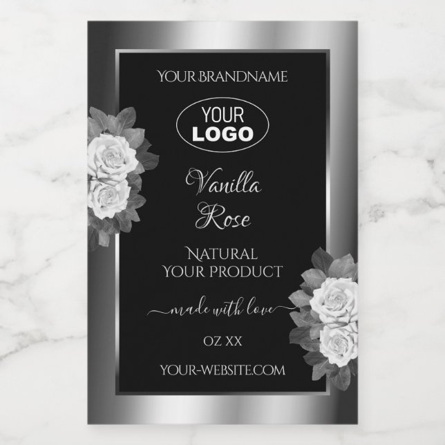Floral Black Argent Étiquette blanc Roses Logo (Étiquettes simples)