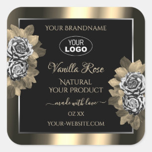 Floral Black Gold Argent Étiquette Logo Rose