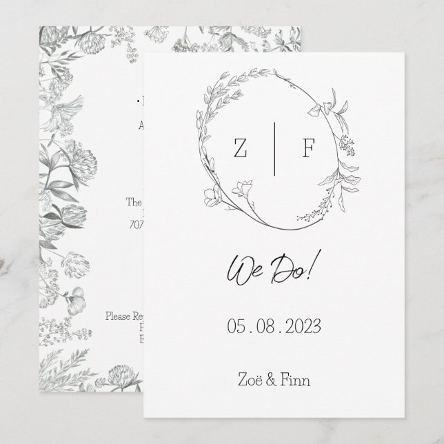 Floral Black & White Botanical Line Art Invitation (Devant / Derrière)