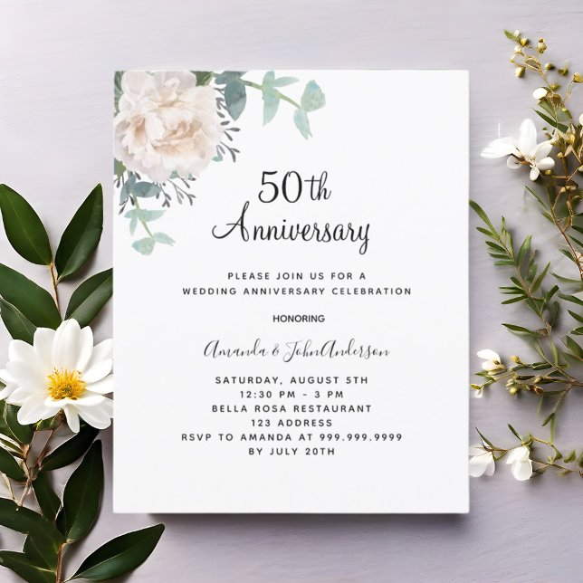 Floral blanc 50e anniversaire mariage invitation (Créateur téléchargé)