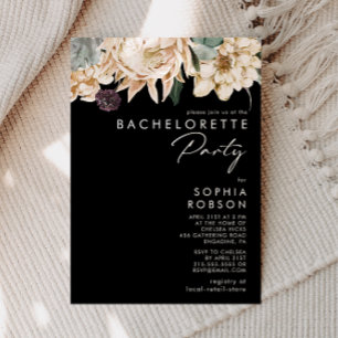 Floral blanc Black Bachelorette Party Invitation