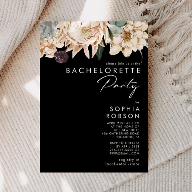 Floral blanc | Black Bachelorette Party Invitation (Créateur téléchargé)