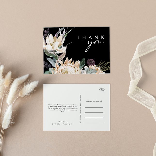 Floral blanc | Carte postale Merci Mariage noir (Créateur téléchargé)
