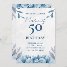 Floral Blanc et bleu 50e anniversaire Invitation