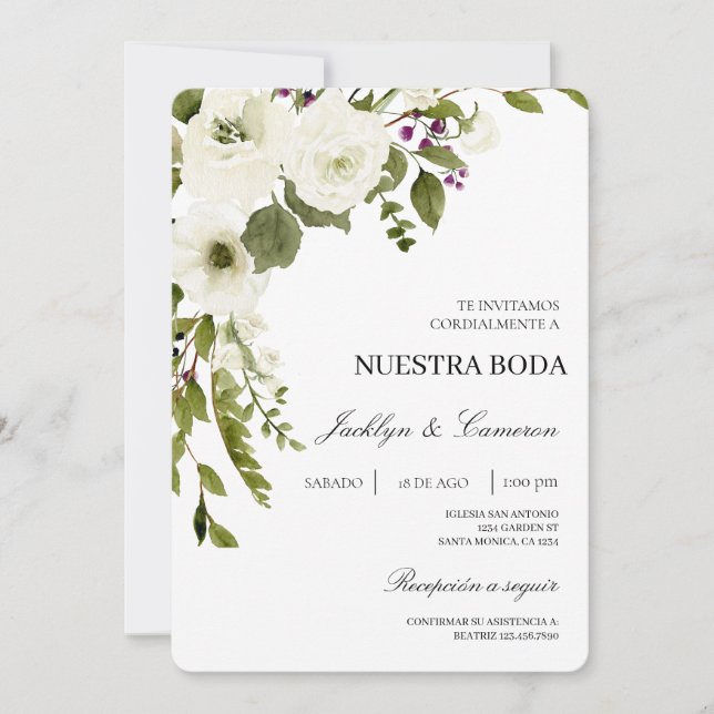 Floral blanc Faire-part de mariage espagnol (Devant)