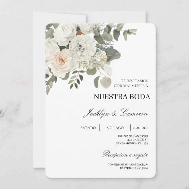 Floral blanc Faire-part de mariage espagnol (Devant)