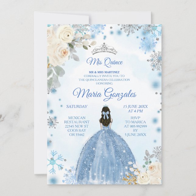 Floral blanc & Hiver Blue Mis Quince Invitation (Devant)