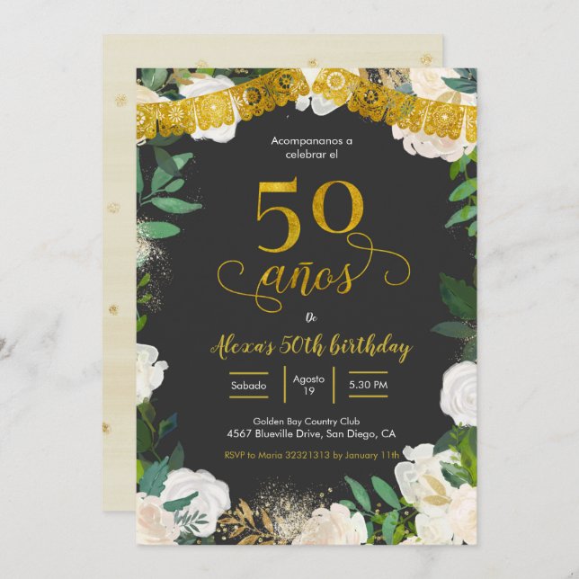 Floral blanc mexicain 50 añ os Invitation (Devant / Derrière)