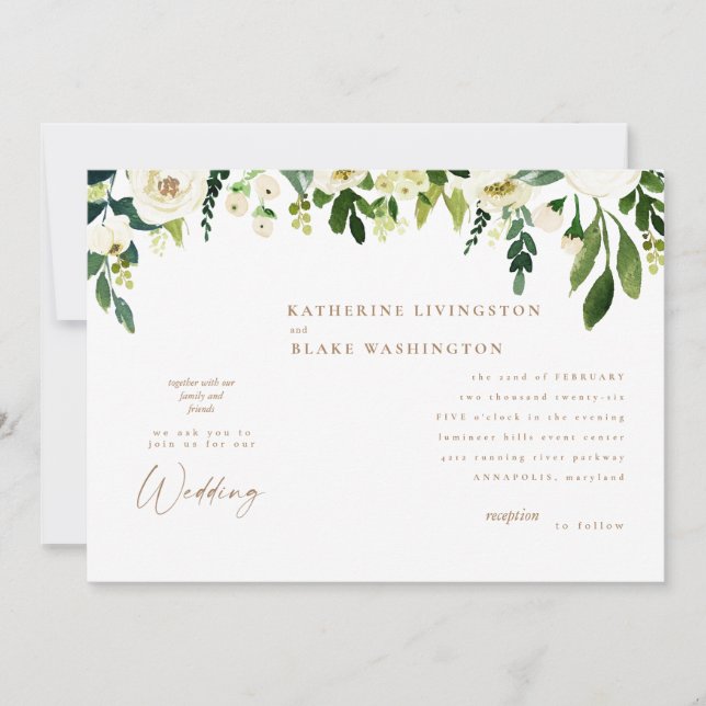 Floral blanc moderne et Faire-part de mariage or (Devant)