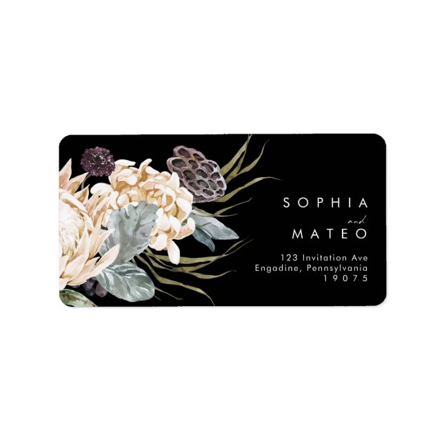 Floral blanc | Noir Mariage Étiquette de adresse R (Devant)