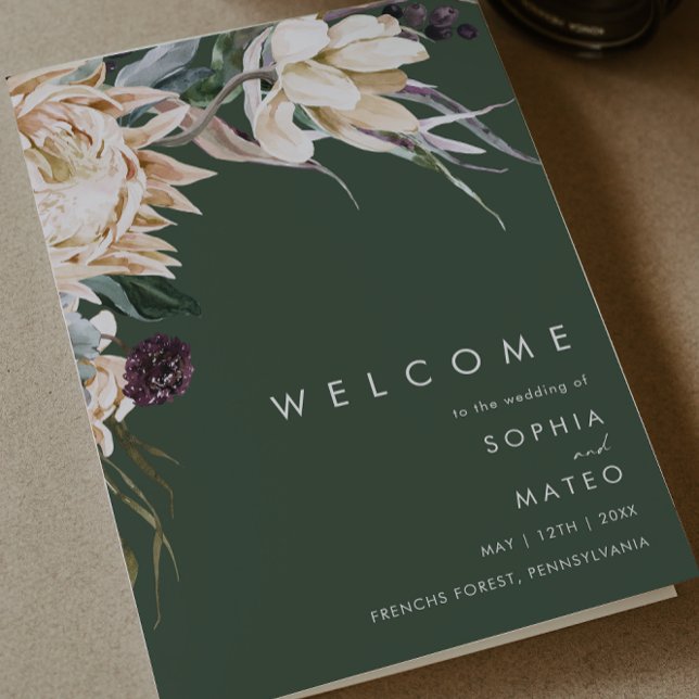 Floral blanc | Programme de mariage plié vert fonc (Créateur téléchargé)