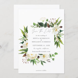 Floral blanc & verdure Sauvez la date Invitation