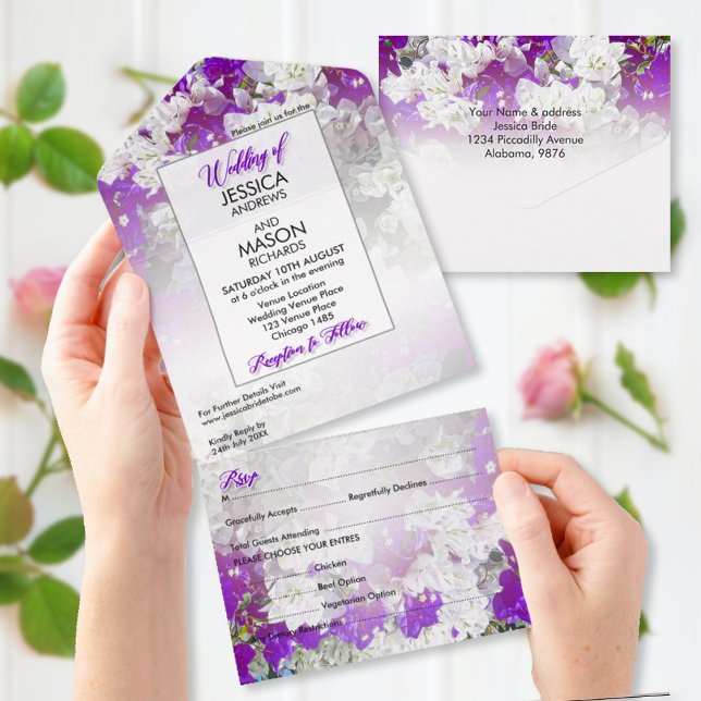 Floral blanc violet tout en un mariage Invitation (Créateur téléchargé)