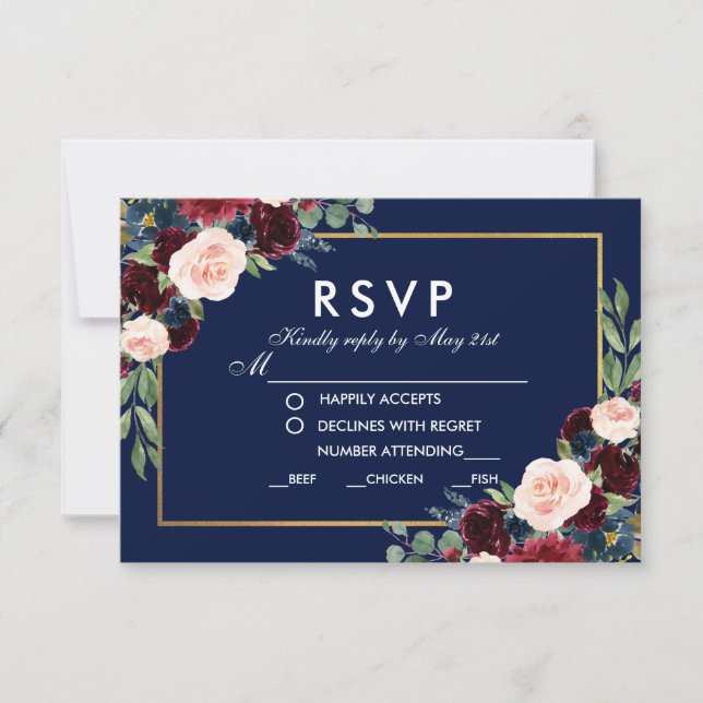 Floral Bleu Bourgogne Mariage Repas RSVP Or (Devant)