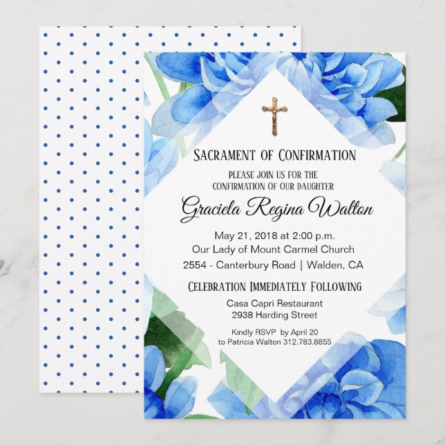 Floral bleu | Confirmation | Invitation Crucifix (Devant / Derrière)