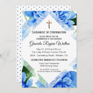Floral bleu Confirmation Invitation Crucifix