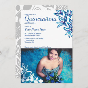 Floral bleu et blanc Quinceañera Photo Invitation