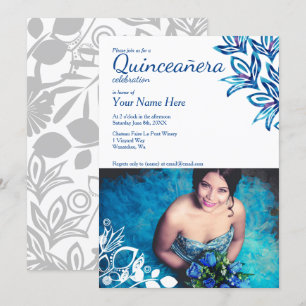 Floral bleu et blanc Quinceañera Photo Invitation