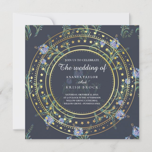 Floral bleu et or, Faire-part de mariage (Devant)