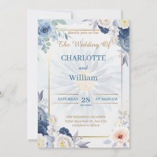 Floral Bleu Et Or Faire-part de mariage 2024