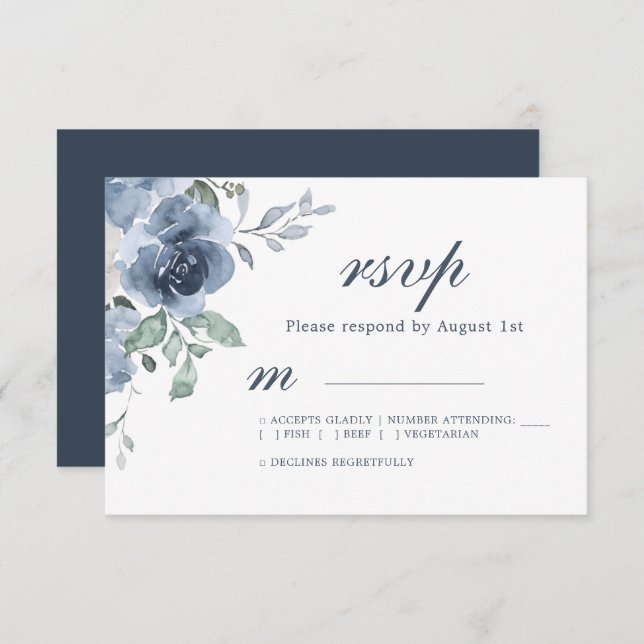 Floral bleu foncé ivoire Rose mariage RSVP (Devant / Derrière)