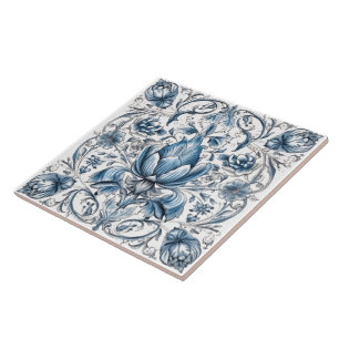 Floral bleu Indigo Azulejo Carreaux