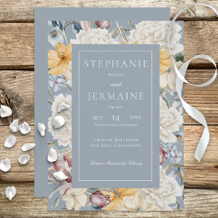 Floral Bleu Jaune & Blanc Sur Invitation Bleue